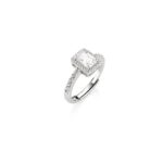 Anello Zircone Taglio Smeraldo e Contorno in Argento Donna Amen