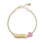Bracciale in Oro 9kt Targhetta e Cuore Rosa Smaltato Bimba Le Bebé Fiabe