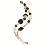 Bracciale in Ottone Dorato Doppio con Onice Perle e Cristalli Neri Donna Sovrani