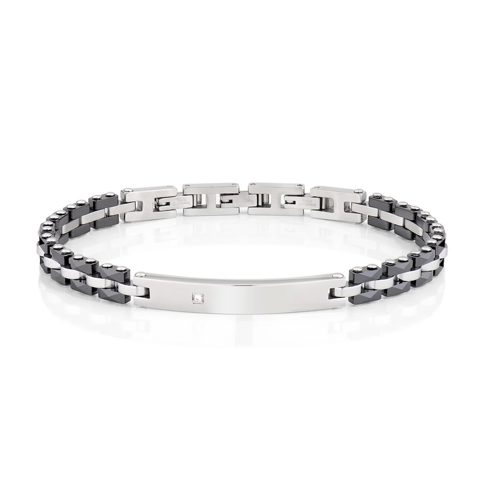 Bracciale-in-acciaio-uomo-ceramica-nera-e-diamantino-ACBR1299-.jpg Bracciale Ceramica Nera con Targhetta e Diamantino in Acciaio Uomo Amen - immagine 1