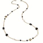 Collana Lunga in Ottone Dorato Occhio di Gatto Grigio Bianco Selenite e Perla Donna Sovrani