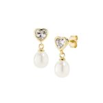 Orecchini  Dorati con Zircone Cuore e Perla Pendente in Argento Donna Amen