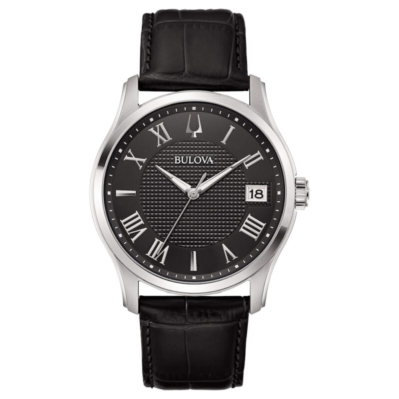 Orologio nero in pelle con numeri romani 96B390 bulova